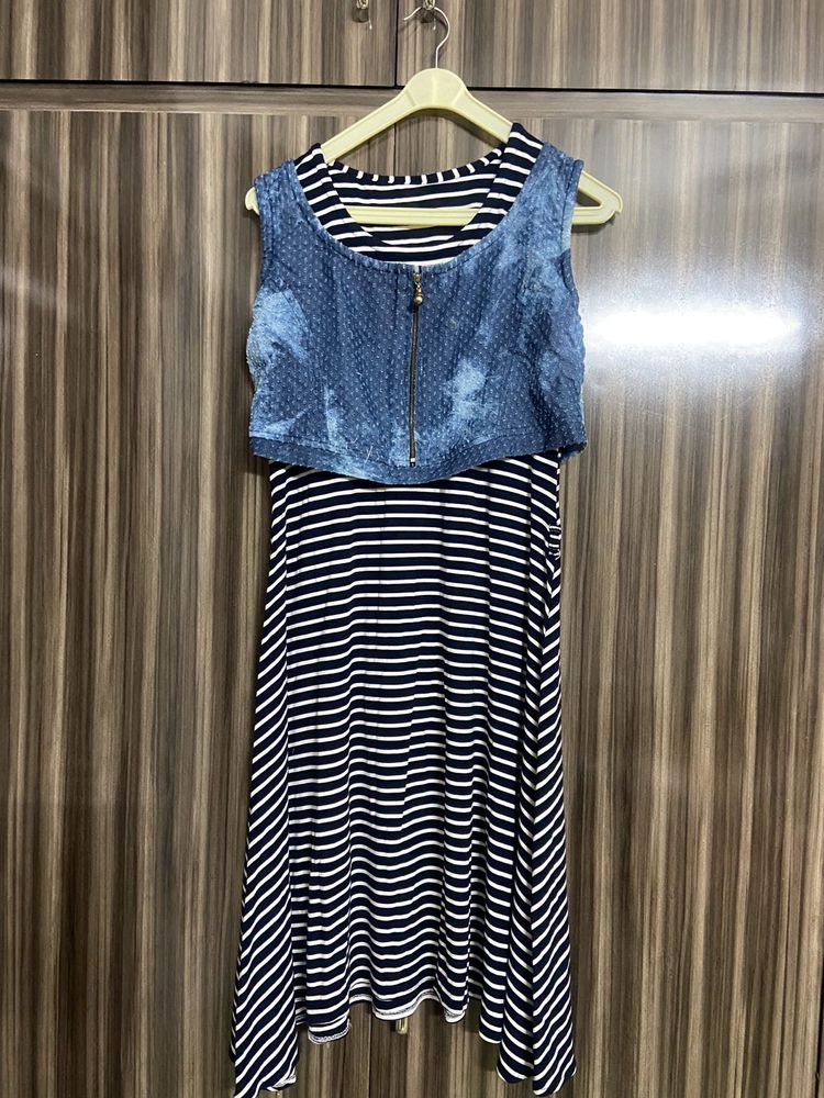 Striped Midi Dress with Denim Overlay