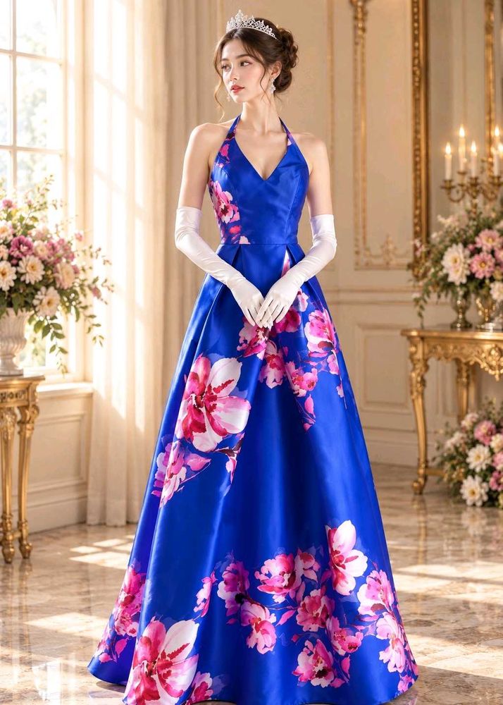 Stunning Royal Blue Floral Print Gown