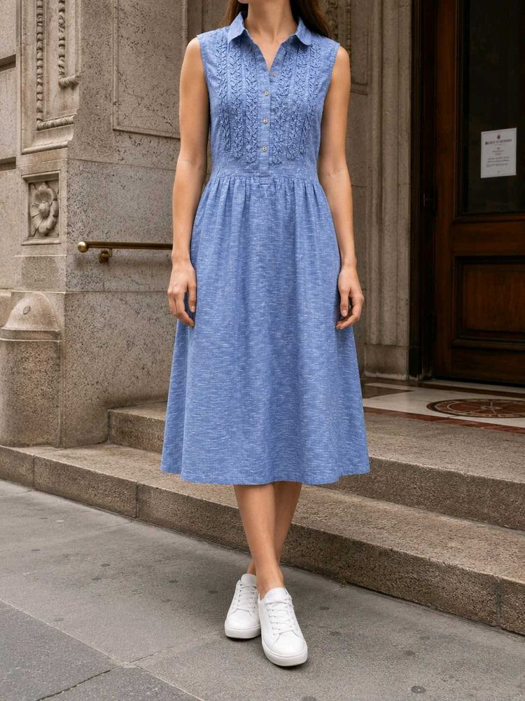 Blue Sleeveless Button-Up Midi Dress