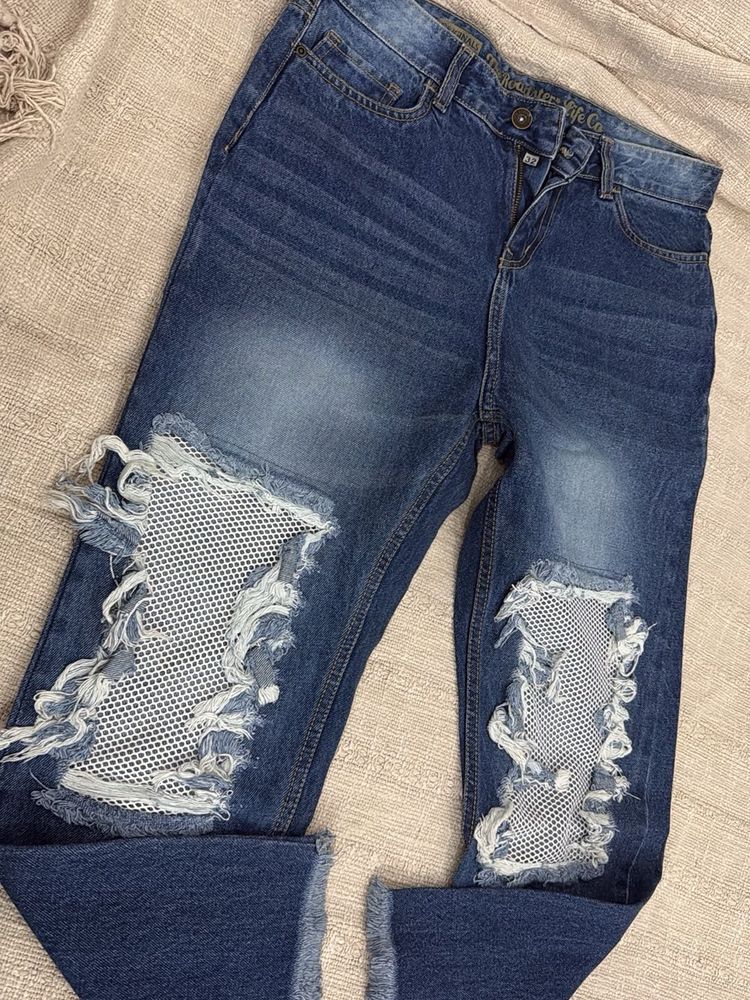 Distressed Mesh Panel Jeans