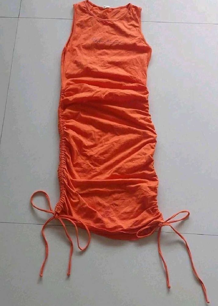 Vibrant Orange Ruched Bodycon Dress