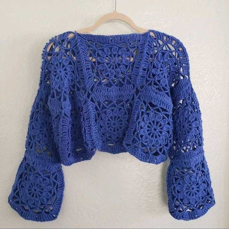 Crochet Cardigan Open Front - Blue