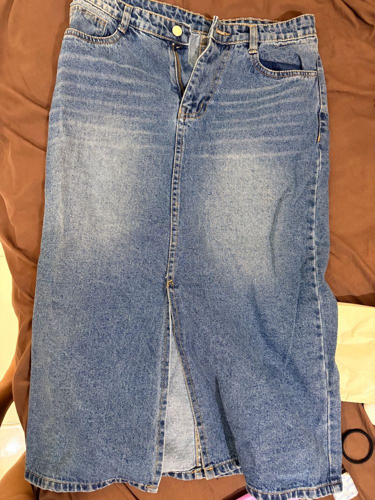 Denim Midi Skirt with Slit
