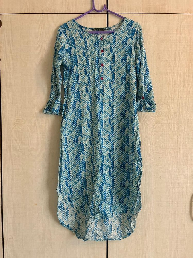 Blue Cotton Print Kurta