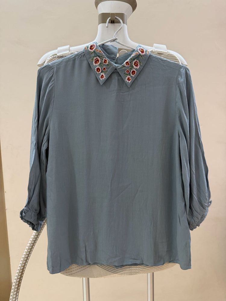 Embroidered Collar Blue Top