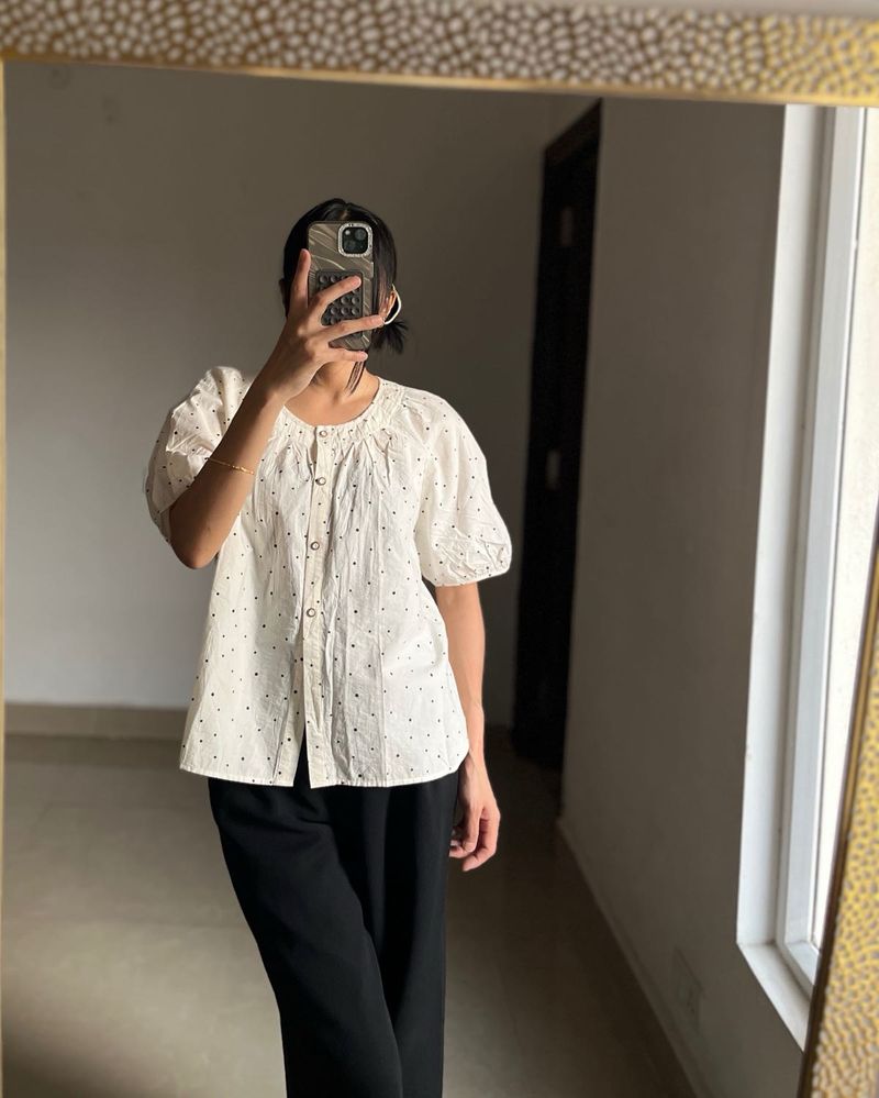White Polka Dot Puff Sleeve Top