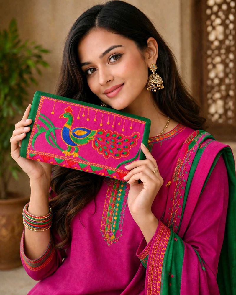 Embroidered Peacock Clutch Bag