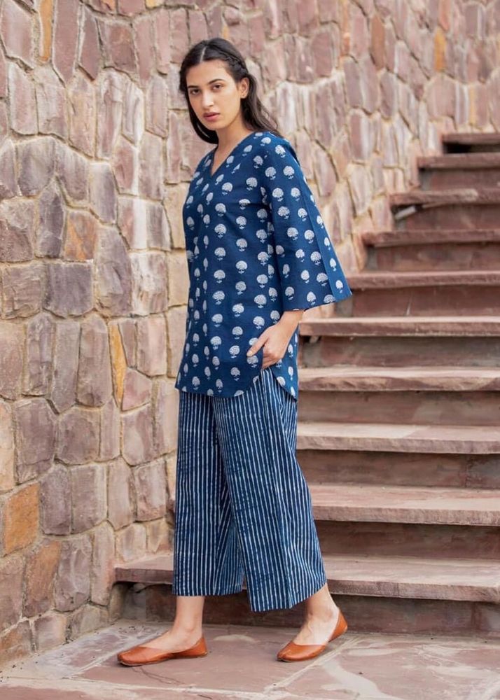 Chic Blue Block Print Kurta &amp; Palazzo Set