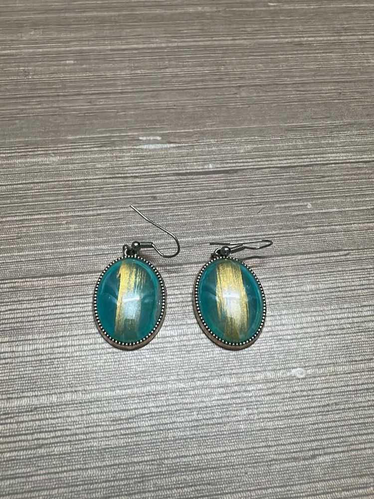 Unique Teal &amp; Gold Oval Earrings