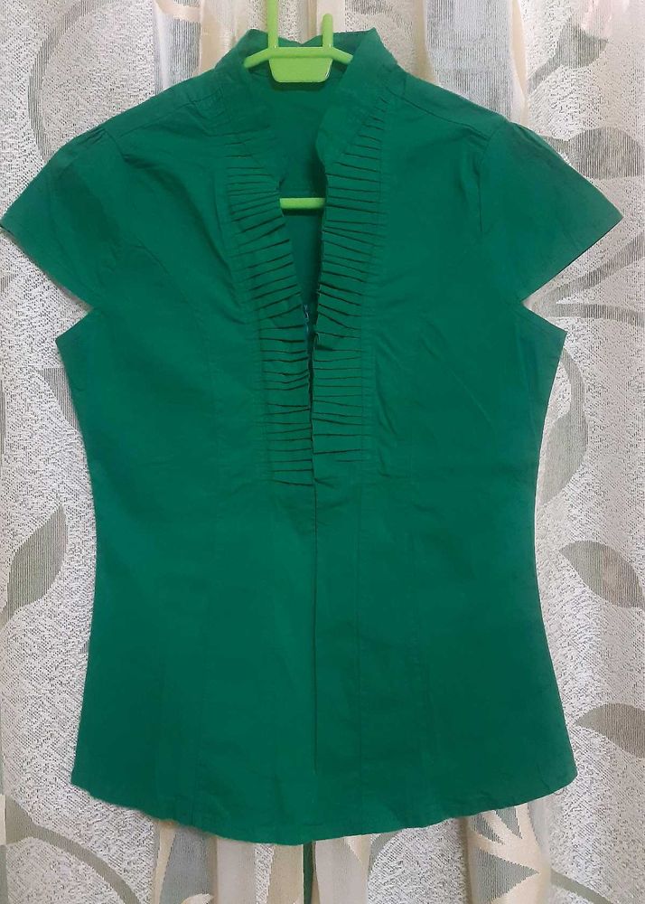 Green Ruffle Pure Cotton Front Blouse