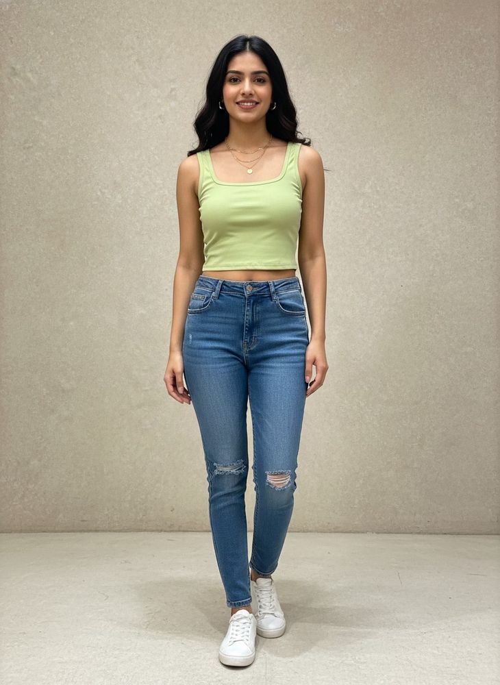 Light Green Ribbed Square Neck Tank Top