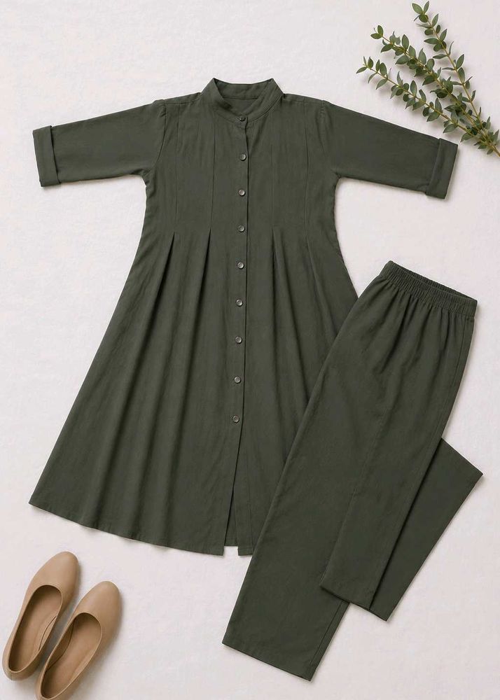 Olive Green A-Line Kurti Top With Pant Set