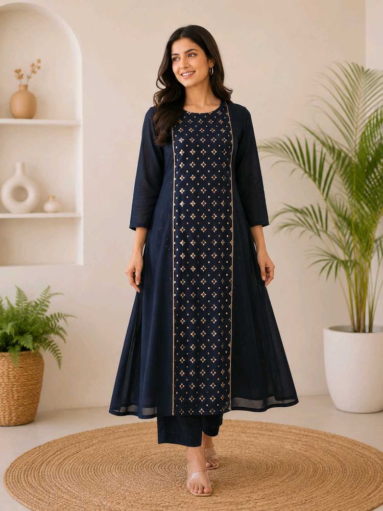 Elegant Navy Blue Kurta Set with Golden Print