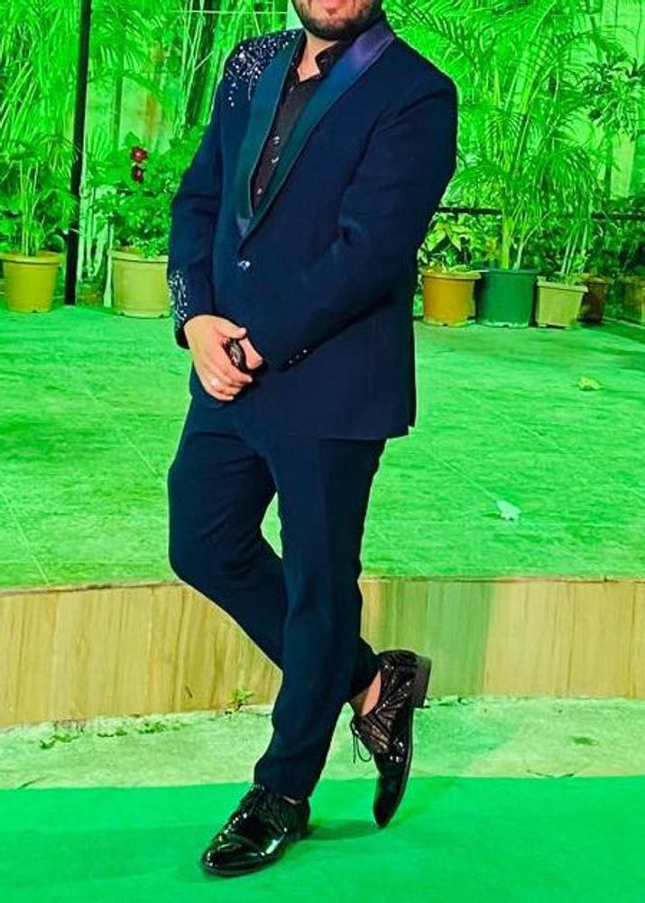 Men's Navy Blue Blazer with Embellished Collar