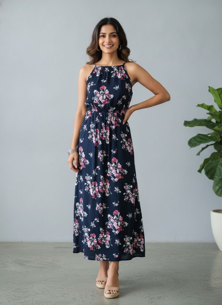 Navy Floral Print Maxi Dress