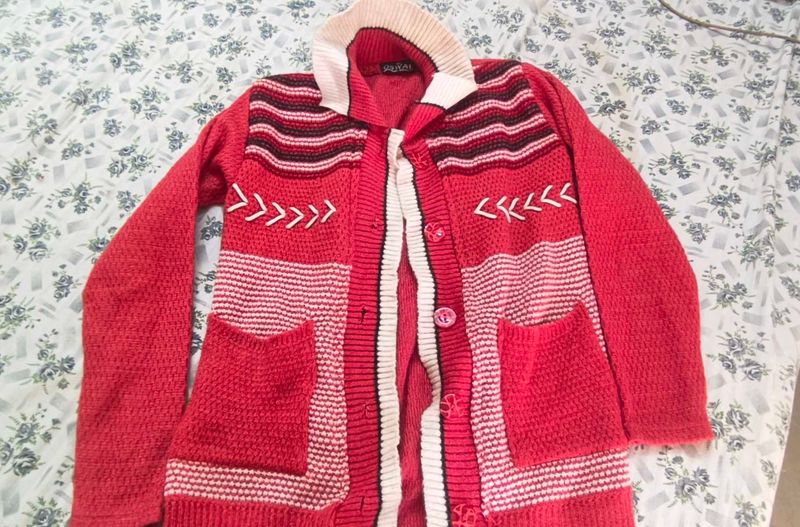 Red Knit Cardigan with Pockets