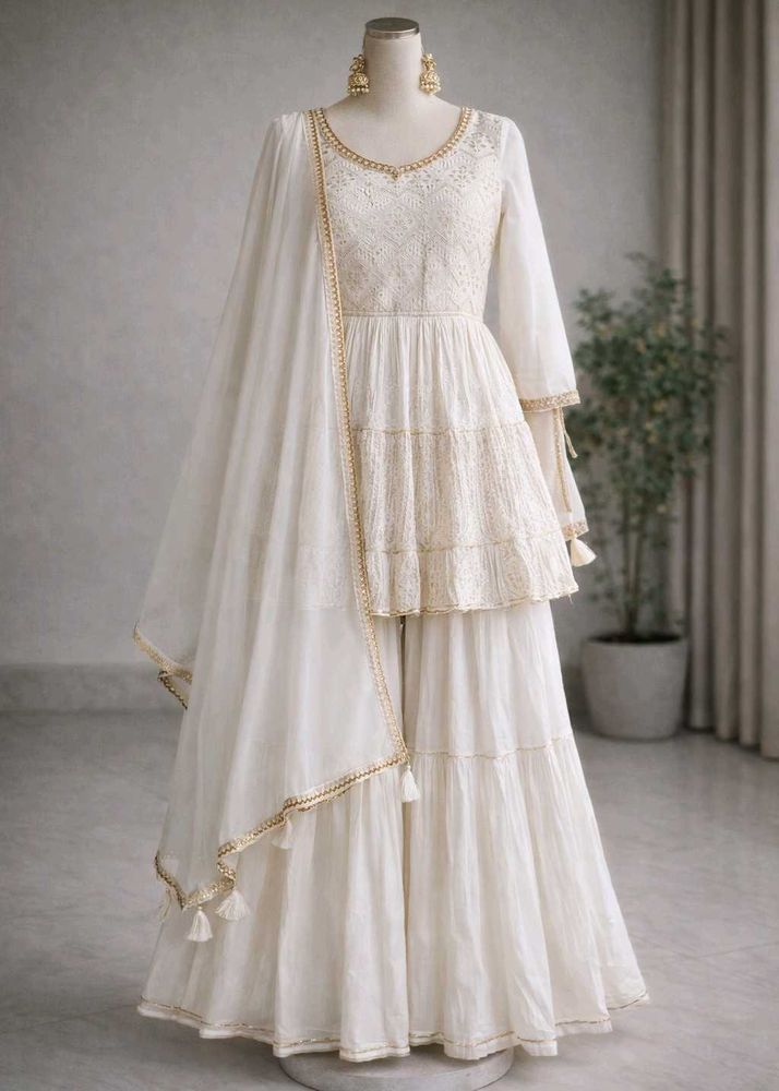 Elegant White Embroidered Sharara Suit