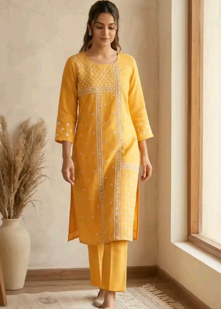 W Yellow Embroidered Kurti Set