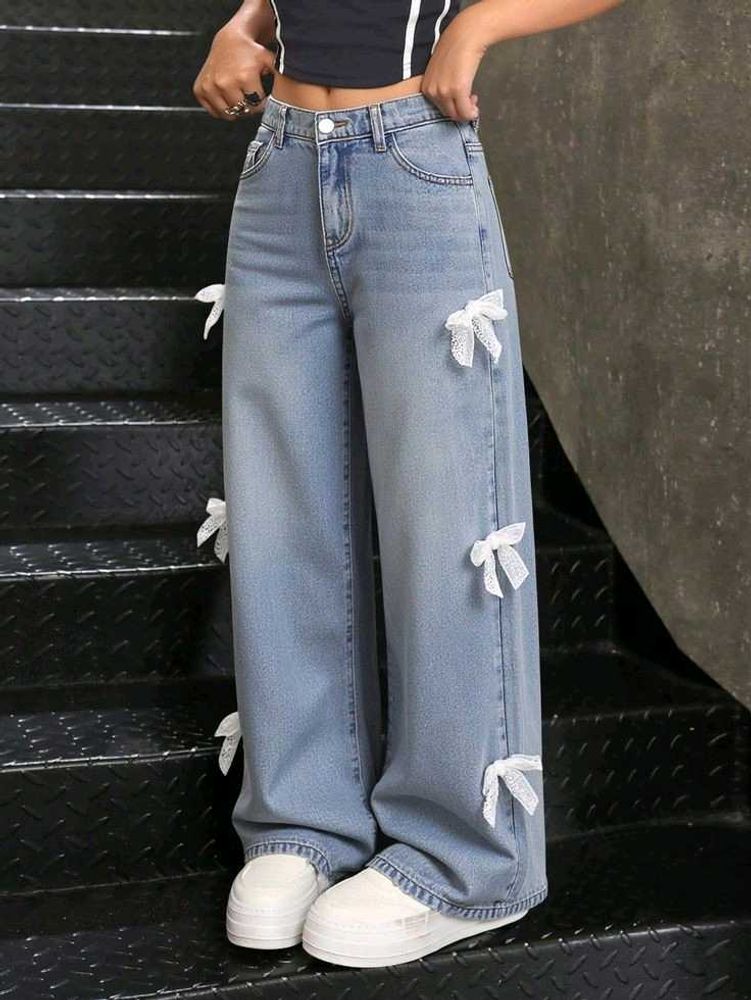 Wide Leg Jeans with Bow Detail