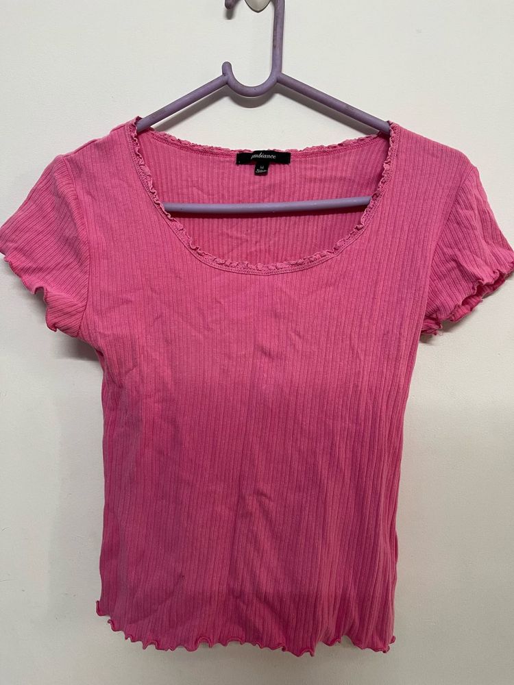 Pink Ribbed Frill-Sleeve Top