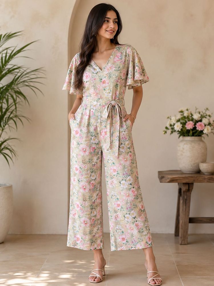 Floral Jumpsuit with Flutter Sleeves