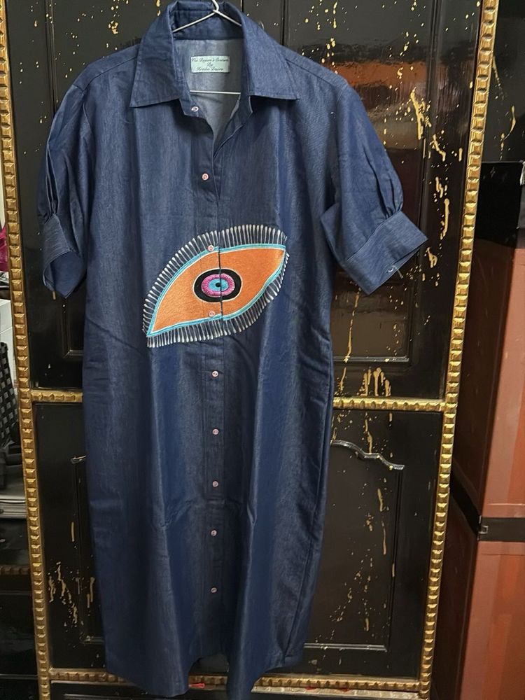 Unique Denim Dress with Eye Motif