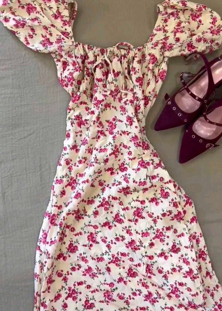 Floral Print Puff Sleeve Midi Dress