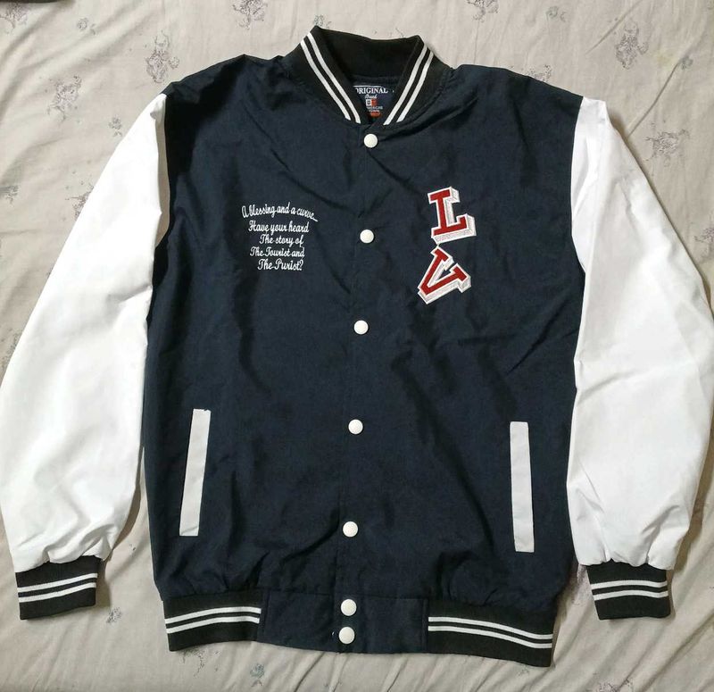 Men's Navy &amp; White Varsity Jacket in winter