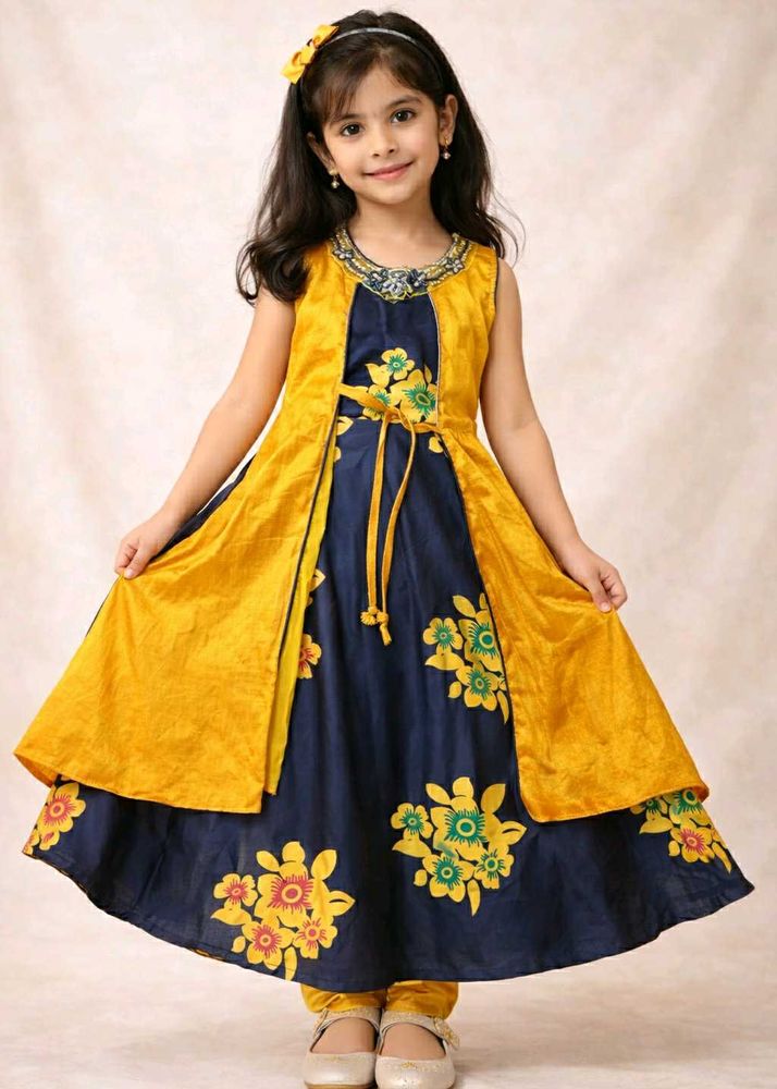 Girls' Festive Yellow &amp; Navy Floral Dress