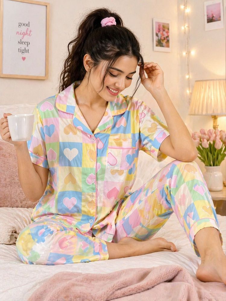 Cute Heart Print Pajama Set
