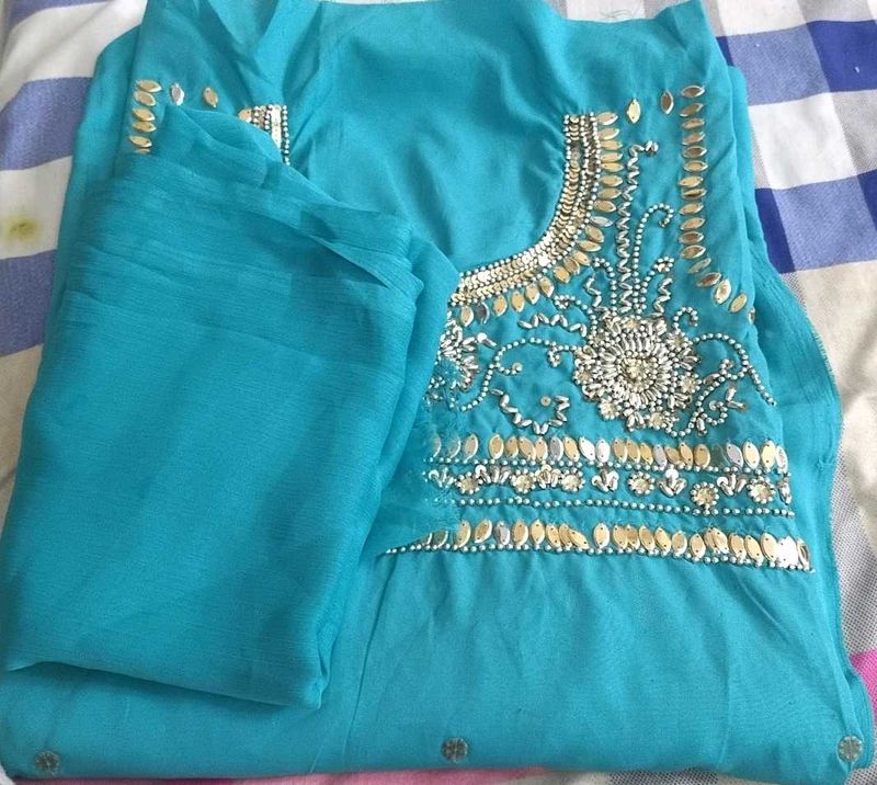Elegant Blue dress material with Pearl Embellishme