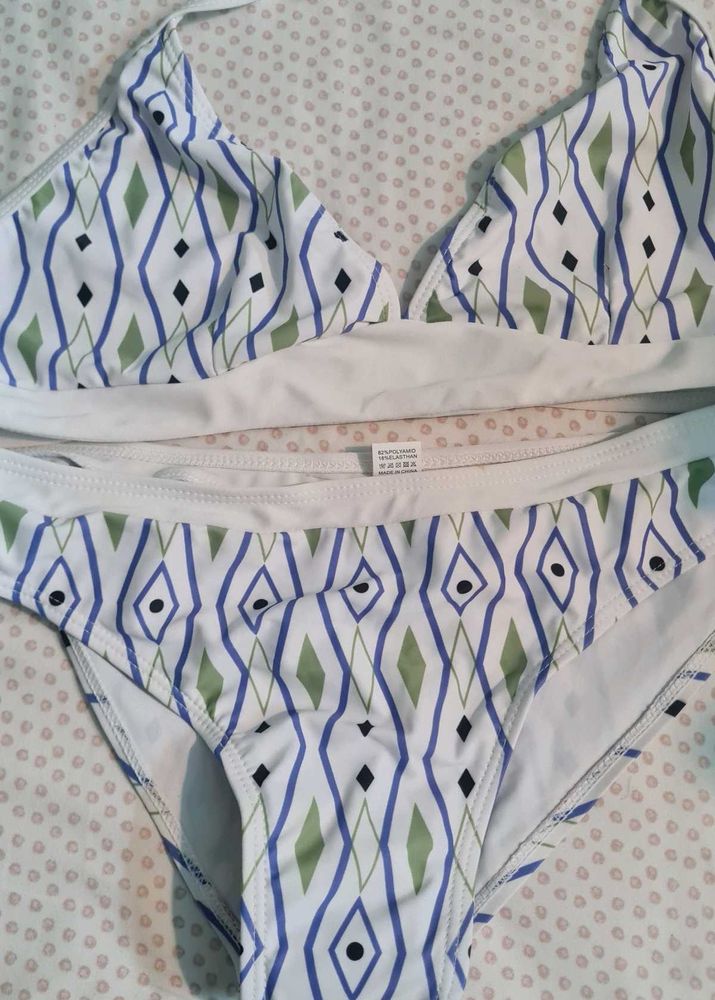 Playful white and blue bikini set