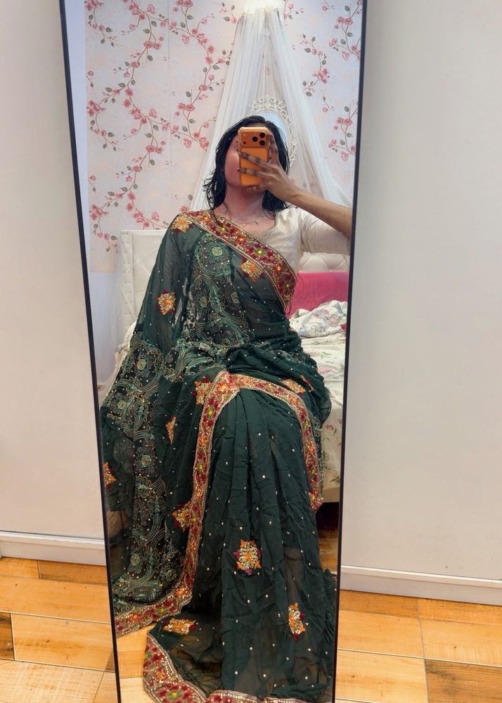 Designer Embellished Green Saree