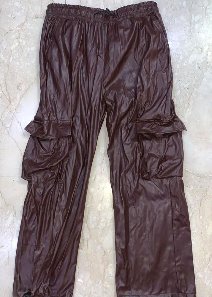 Brown Faux Leather Cargo Pants