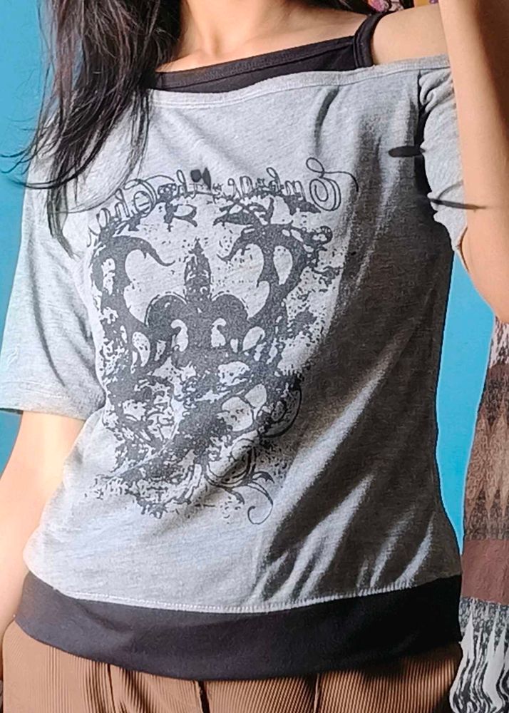 Grey Graphic Print Off-Shoulder Top