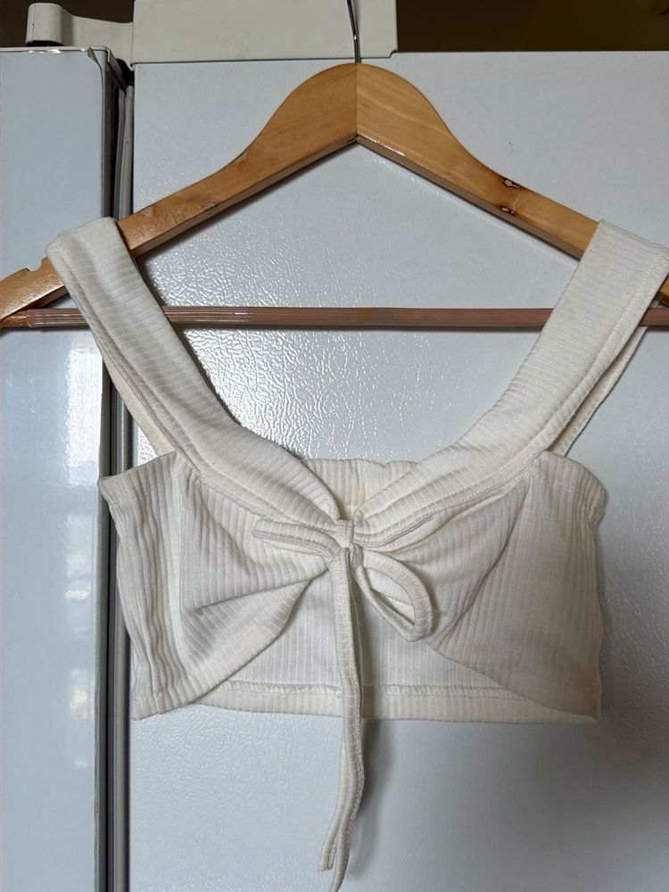 Cream Ribbed Tie-Front Crop Top