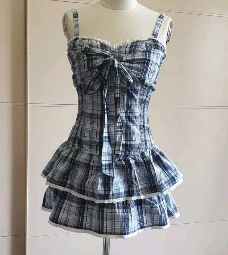 y2k Blue Plaid Tiered Dress with Bow