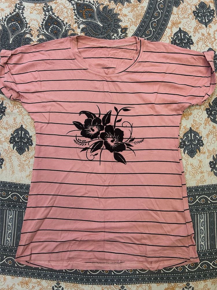 Pink Striped T-Shirt with Floral Print