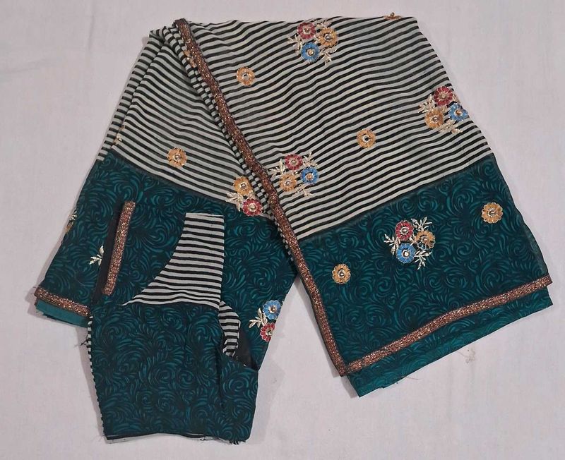 Elegant Striped Saree with Floral Embroidery