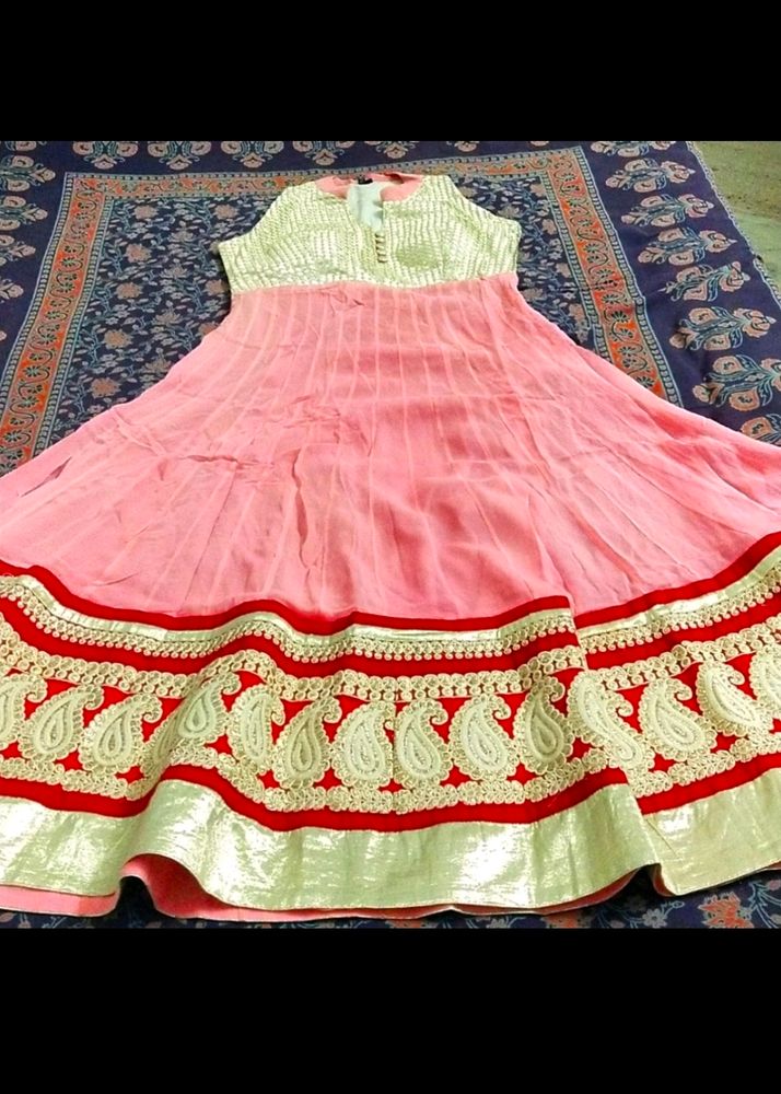 Georgette Peach &amp;Golden Long Kurta, Sleeveless, Em