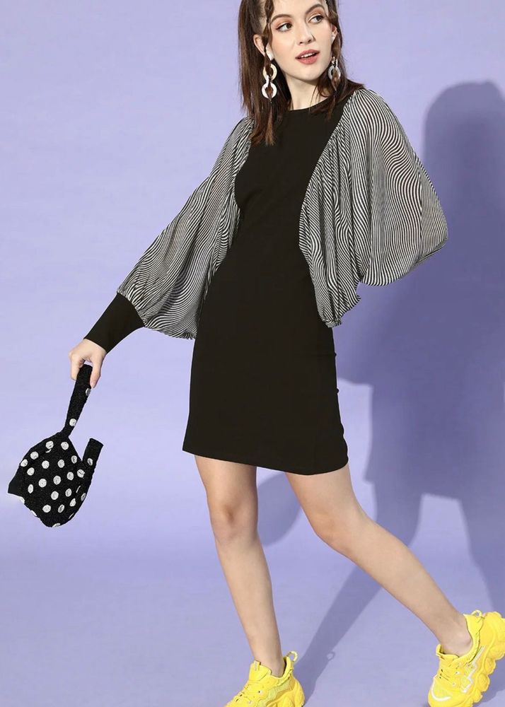 Women Black Solid Batwing Sleeve Dress