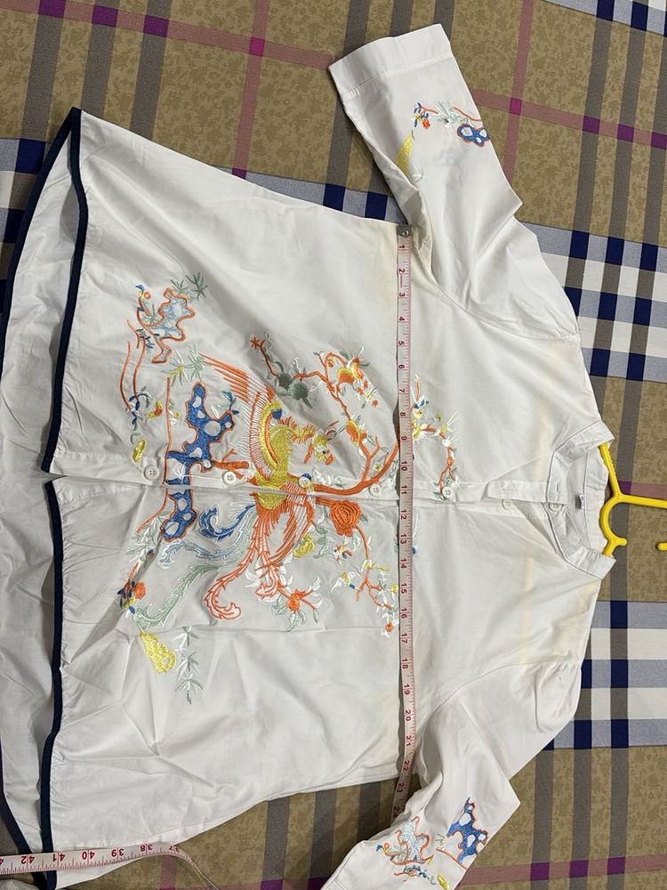 White Embroidered Bird Blouse/Top