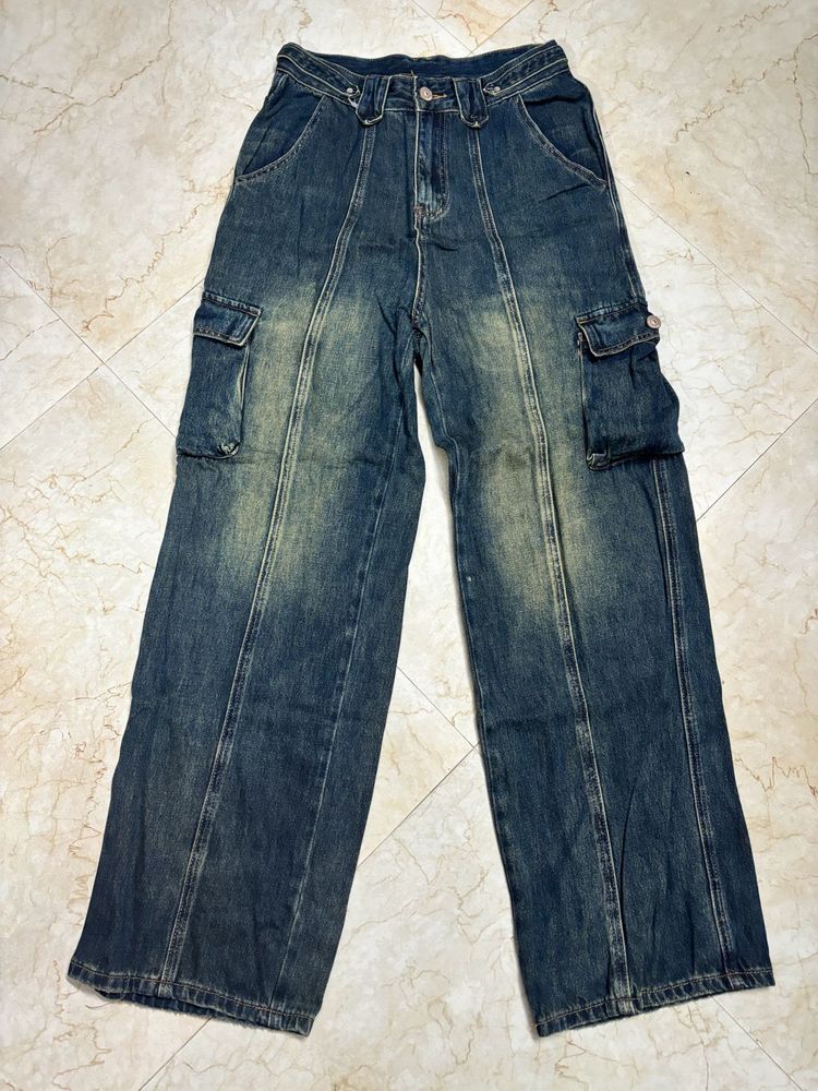 Baggy Wash Denim Cargo Pants