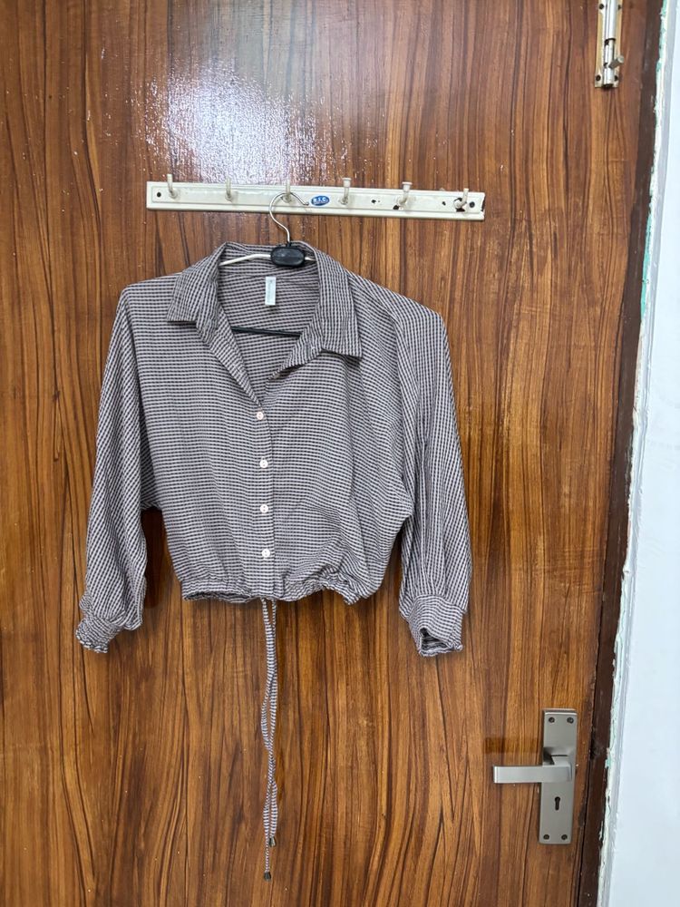 Cropped Button-Up Shirt with Drawstring