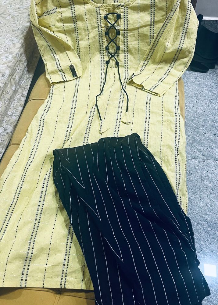 Yellow Kurta with Striped Pants