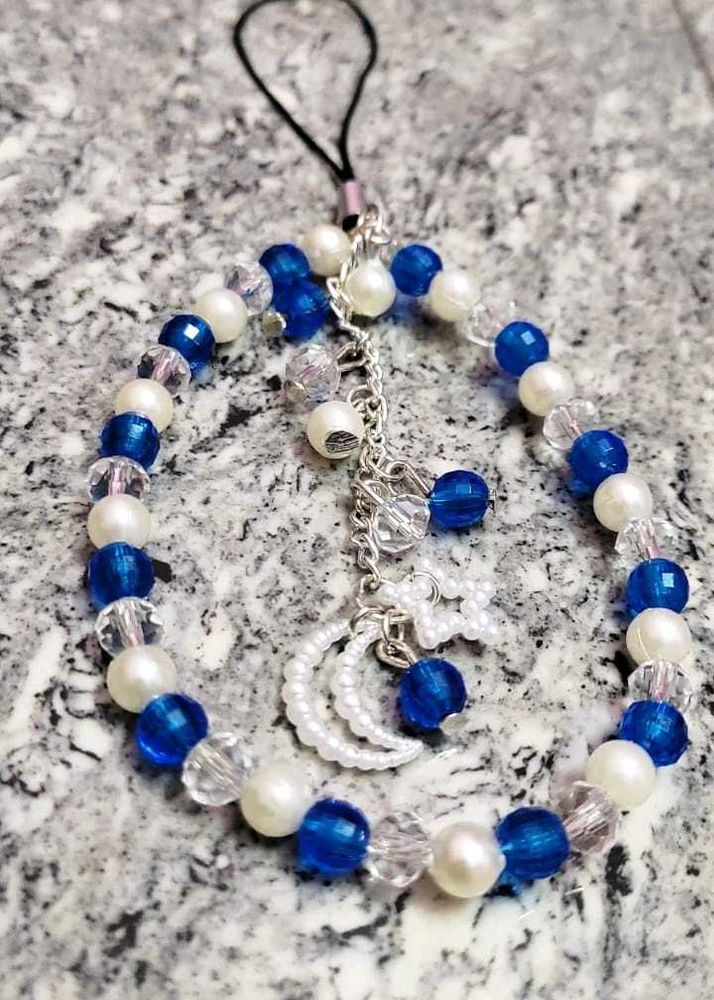 Blue &amp; White Beaded Moon Charm