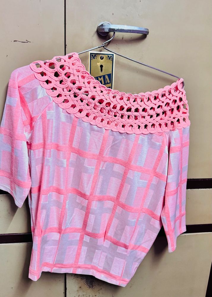 Pink Checkered Top with Crochet Neckline