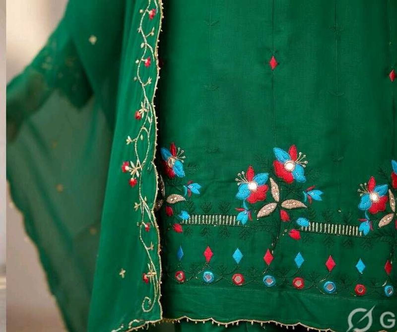 Green Embroidered Dress Material