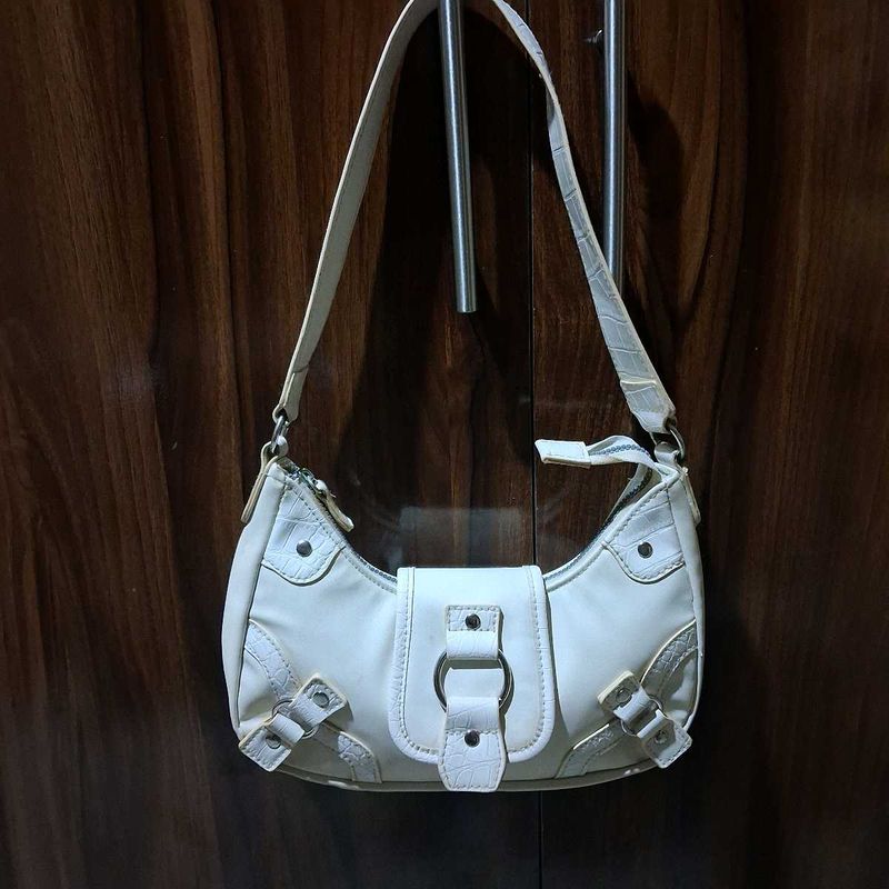Cream Hobo Bag with Crocodile Accents