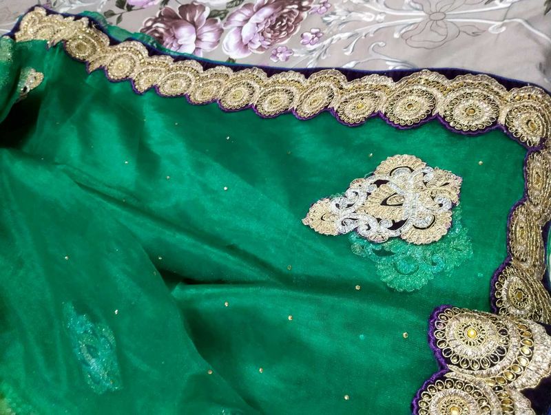 Elegant Green Saree with Gold Embroidery